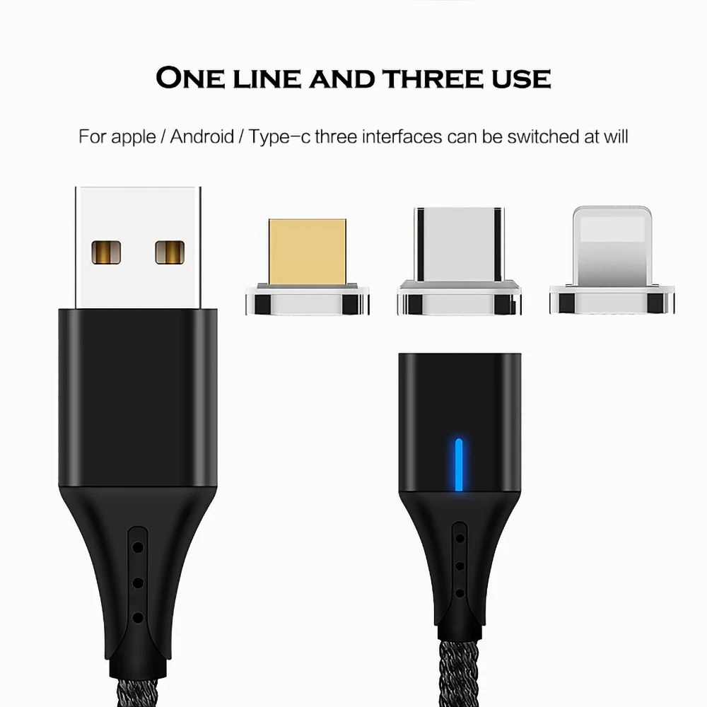 Магнитный usb-кабель для передачи данных 3 a, 1 м, 2 м, для iPhone X, XS, XS, MAX, светодиодный, mi, cro, USB, быстрое зарядное устройство, type-C, кабель для huawei, samsung Xiaomi mi 9