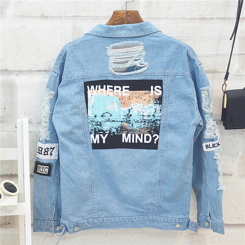Comprare Danjeaner Dov è La Mia Mente? corea Retrò Lavaggio Sfilacciato Lettera Del Ricamo Patch Bomber Giacca Blu Strappato Distressed Denim Cappotti