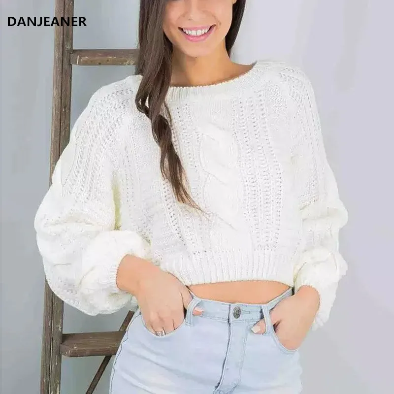 

Danjeaner Muti Colors Autumn 2018 Knitting Pullovers Women Retro Lantern Sleeve Twisted Short Sweaters Knitted Jumper Pull Femme