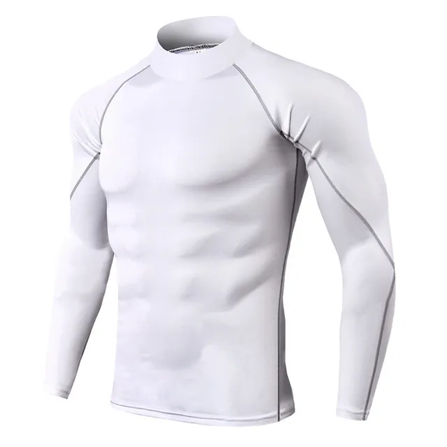 Men Bodybuilding Sport T-shirt Quick Dry Running Shirt Long Sleeve Compression Top Gym T Shirt Men Fitness Tight Rashgard White