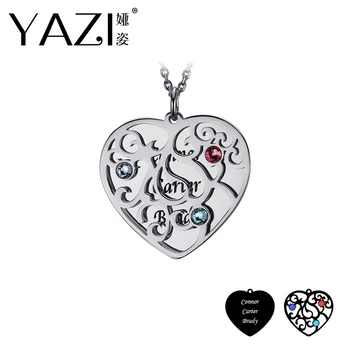 

YAZI Personalize Heart Name Necklace With Three Name And Birthstones Family Name Pendant Unique Handmade Custom Engraved Jewelry