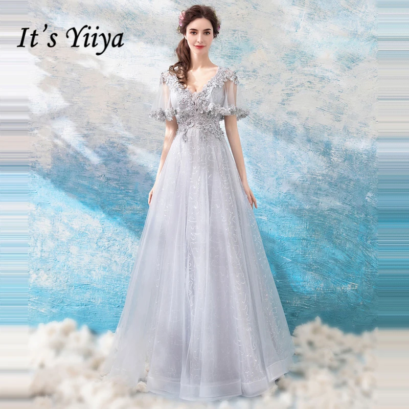 

It's Yiiya V-Neck Light Gray Luxury Elegant Evening Dresses Famous Designer Lace Up Flower Length Party Formal Dress LX268