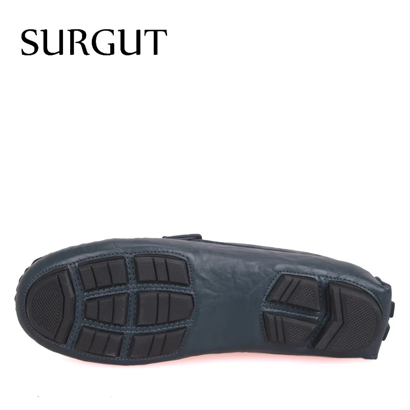 SURGUT Leather & Fur Vintage Genuine Leather Soft Loafers for Men Slip On Moccasins Boat Flats Shoes Big Size 36-50