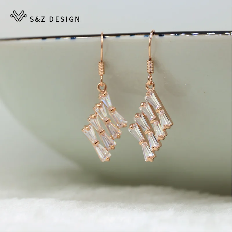 

585 Rose Gold Bow Tie Ear Hook Trapezoidal Zircon Earrings Simple Fashion Temperament Personality Allergy Resistant