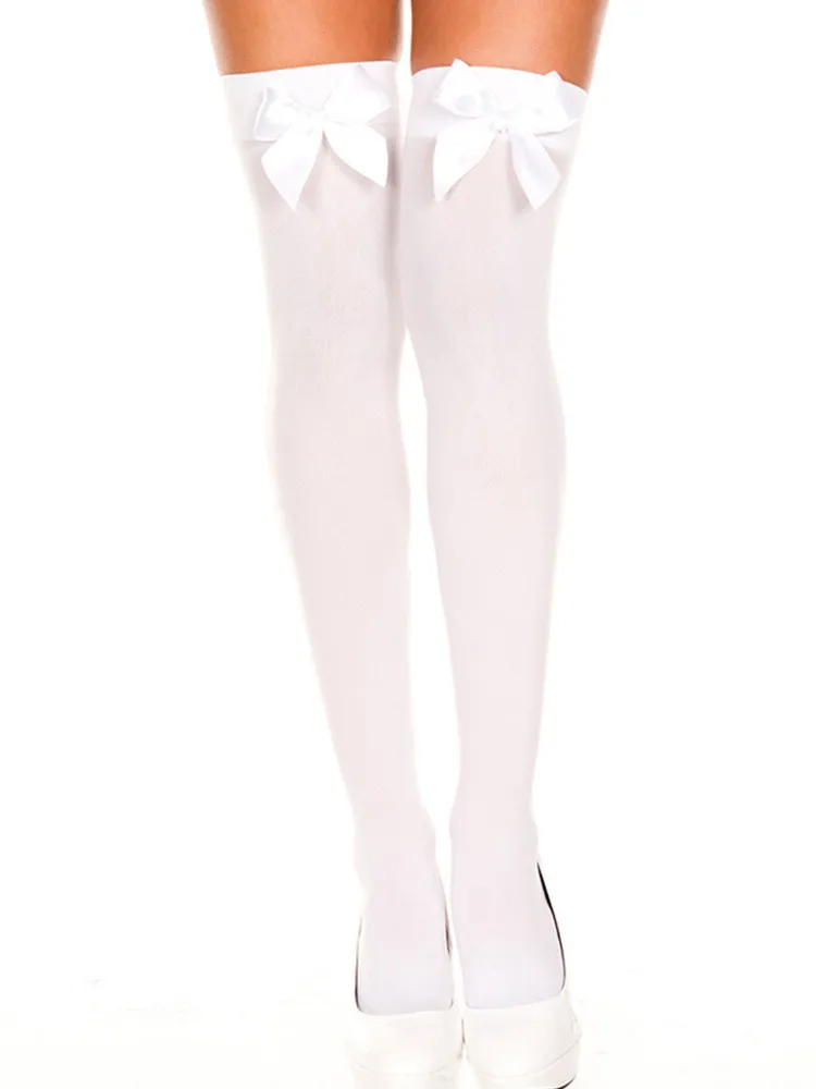 Женские чулки для костюма Хэллоуина, модные нейлоновые чулки белого, розового, черного, красного цветов с бантом, сексуальные чулки до колена для девушек