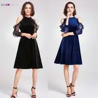 Sexy Halter Cocktail Party Dresses Ever Pretty 05896 Elegant Velvet Autumn Winter Ruffles Lace Long Sleeves 2019 Cocktail Dress
