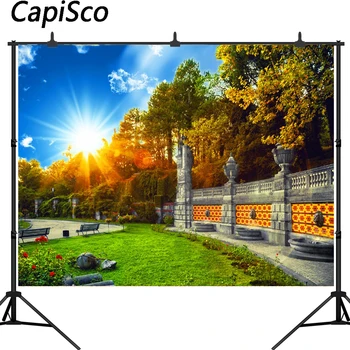 

Capisco Spring Park Trees Flower Grass Bench Scenic Photography Backgrounds Customized Photographic Backdrops For Photo Studio