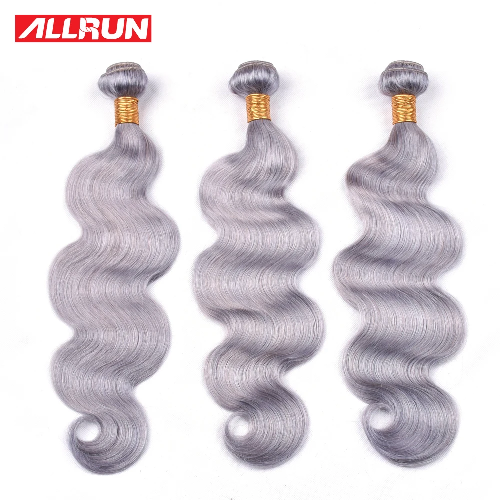 Cheap Pre-Colored Pure Grey Human Hair Weave with Frontal Allrun Brazilian Body Wave Remy Hair 3 Bundles With 13*4 Lace Closure Deals 1