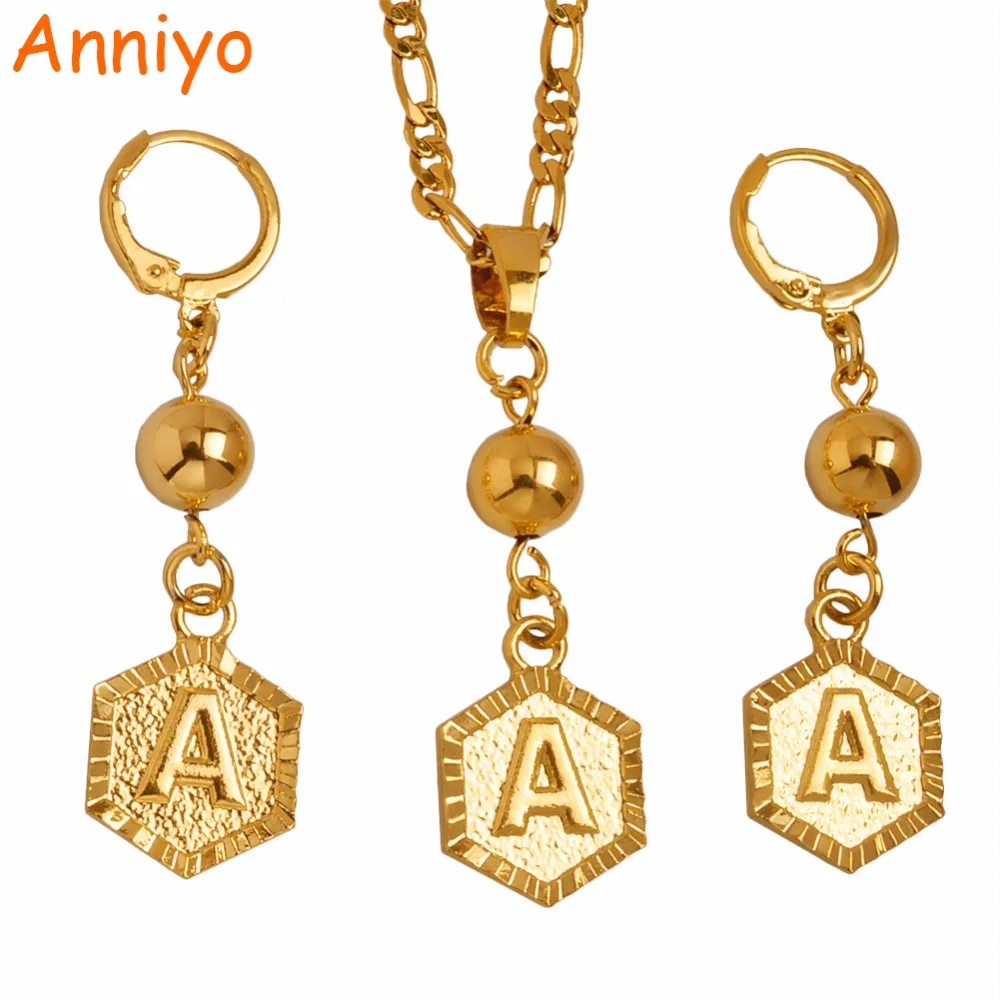 Anniyo A-Z Letters Gold Color Beads Pendant & Earrings Initial Chain for Women,Ball Necklace English Letter Jewelry #101006S цена Anniyo A-Z Letters Gold Color Beads Pendant & Earrings Initial Chain for Women,Ball Necklace English Letter Jewelry #101006S цены онлайн