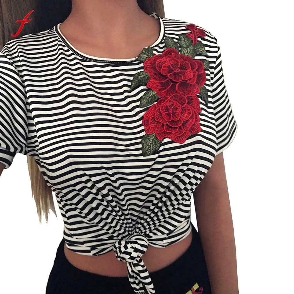 Women Fashion Sexy Bare Midriff Striated Appliques Rose Striped Short ...