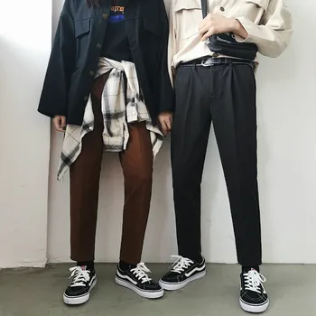 

2018 Japanese Harajuku woolen winter warm small trousers casual pants neutral solid color couple British pants size S-2XL