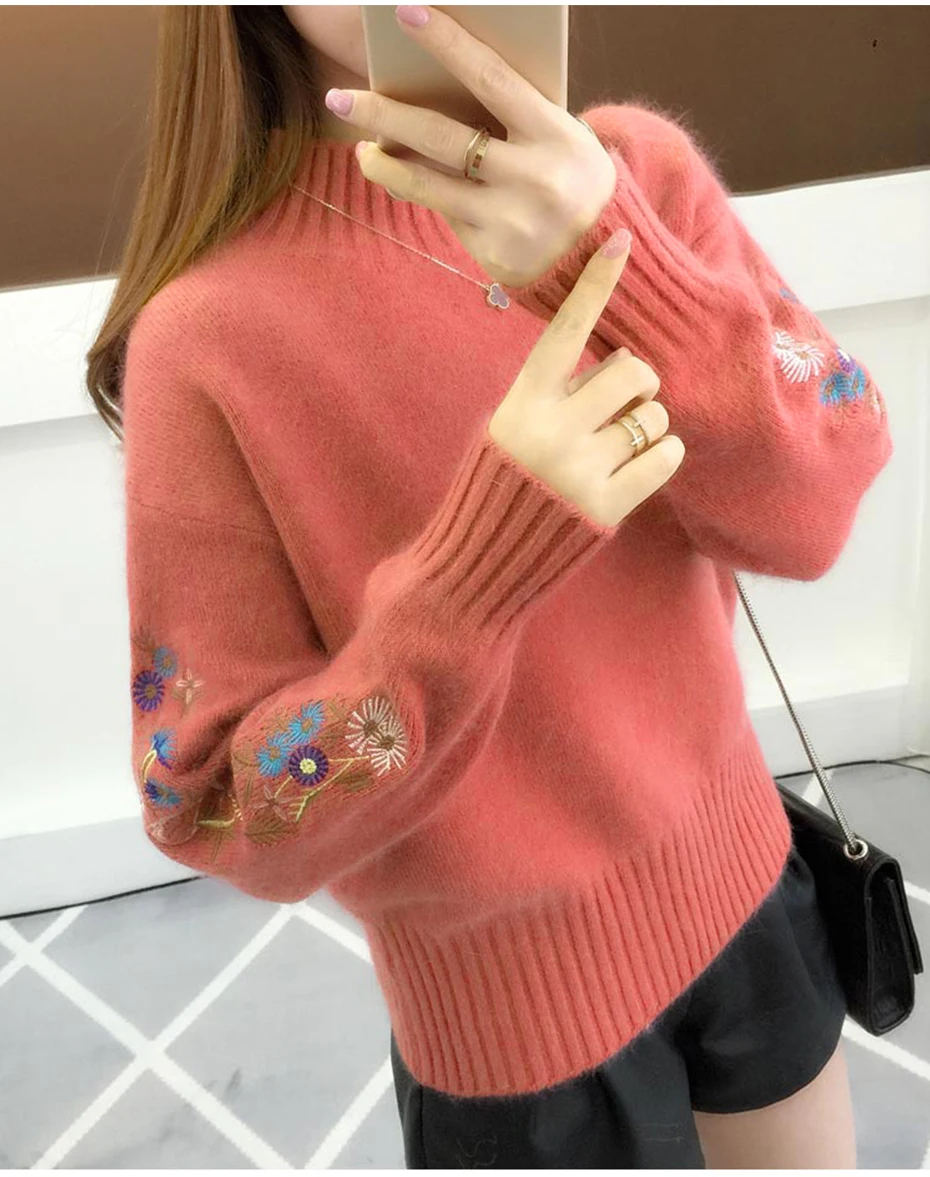 Embroidery Turtleneck Sweater Women 2019 Winter Thick Warm Women Pullovers and Sweaters Female Knitted Pull Femme Red flower Embroidery Turtleneck Sweater Women 2019 Winter Thick Warm Women Pullovers and Sweaters Female Knitted Pull Femme Red flower