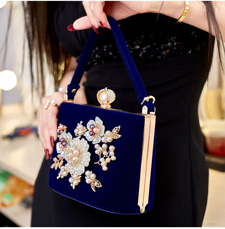 Ladies Velvet Clutch Pearl Crystal Evening Bags Women Velour Party Wedding Hand Bag Bridal Luxury Mini Day Purse Bolsos