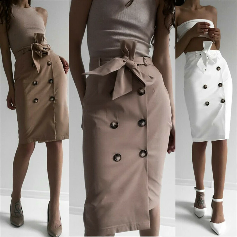 Элегантная модная юбка женские летние ремни двубортная юбка однотонная тонкая высокая талия пуговицы длиной до колена юбка-карандаш