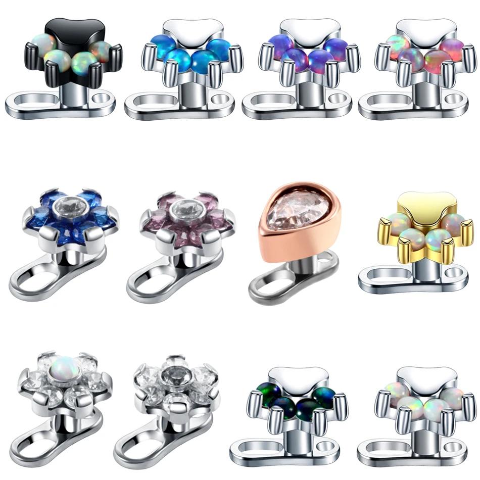 

1Set Titanium Crystal Flower Micro Dermal Anchor Base Kit Skinner Diver Steel Opal Gem Tops Piercing 14G Screw Sexy Body Jewelry