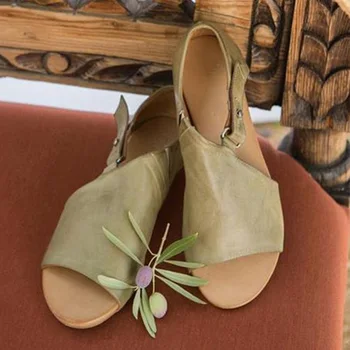 Women's Soft Leather Peep Toe Flat Sandals