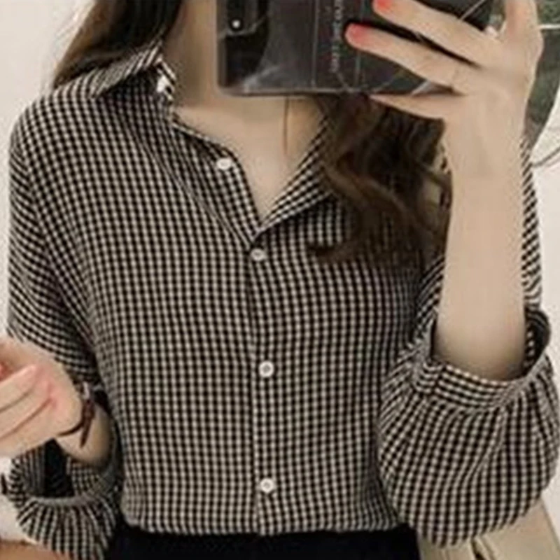 

Autumn Korean Ulzzang Womens Turn-down Collar Oversized Tops And Blouses Ladies Casual Long Sleeve Plaid Shirts Blusas Mujer