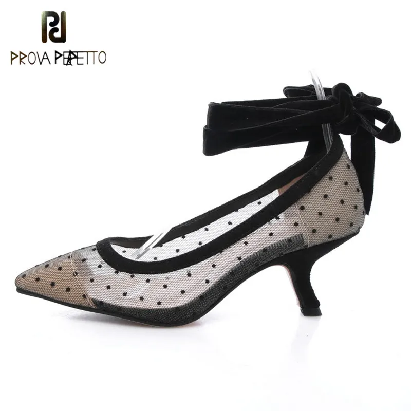 

Prova Perfetto New Fashion Dot Transparent Mesh Shoes Woman Pointed Toe Strange Heel Sandals Ankle Strap High Heels Pumps Shoes