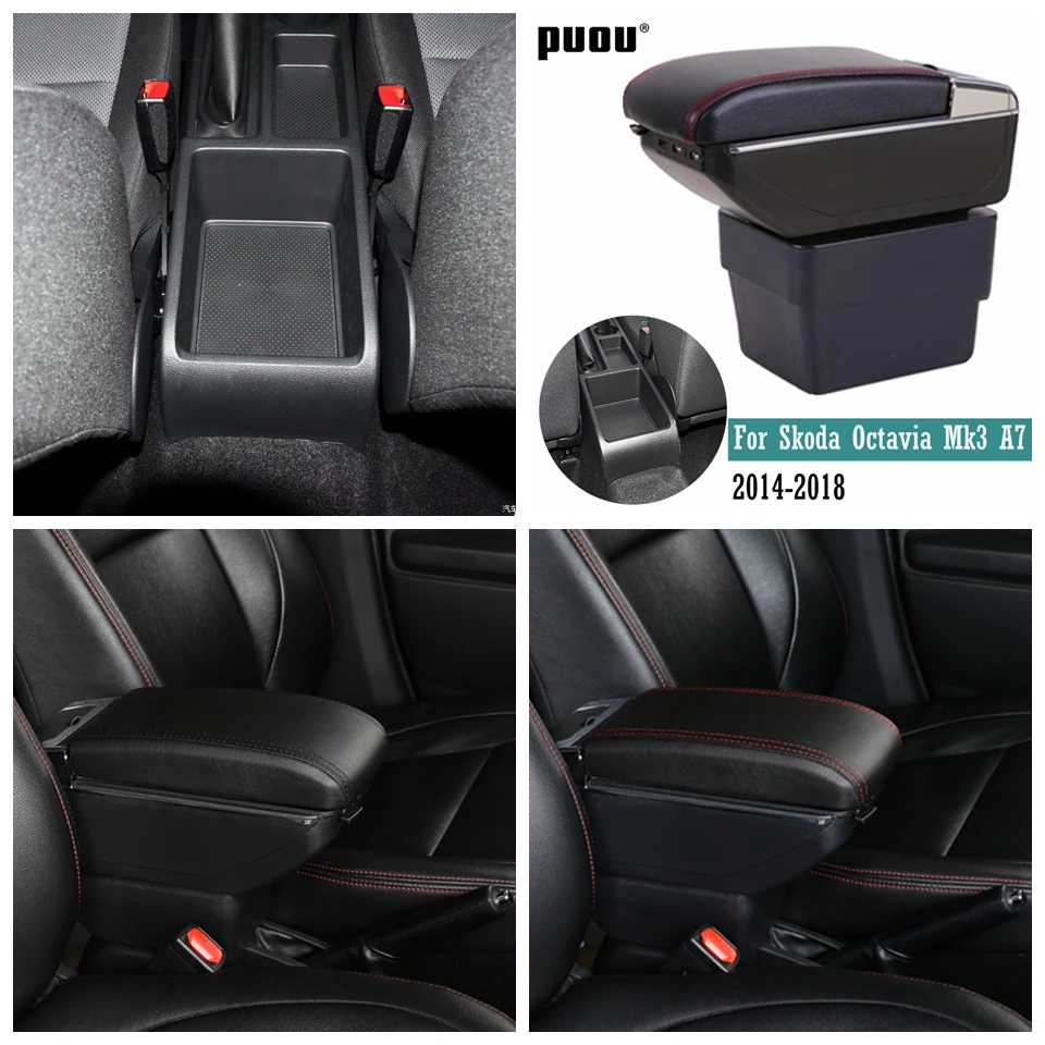 Dual-Layer Black Leather Arm Rest For 2014-2017 Octavia Mk3 Centre Console Storage Box Armrest