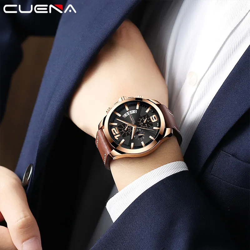 CUENA Quartz Watches Men Stopwatch Luminous Hands Genuine Leather Strap 30M Waterproof Sport Clock Men's Wristwatch Male Clock CUENA Quartz Watches Men Stopwatch Luminous Hands Genuine Leather Strap 30M Waterproof Sport Clock Men's Wristwatch Male Clock