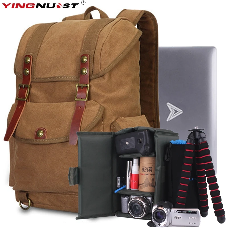 YINGNUOST F04 Canvas Camera Backpack 13 inch Laptop Backpack Universal