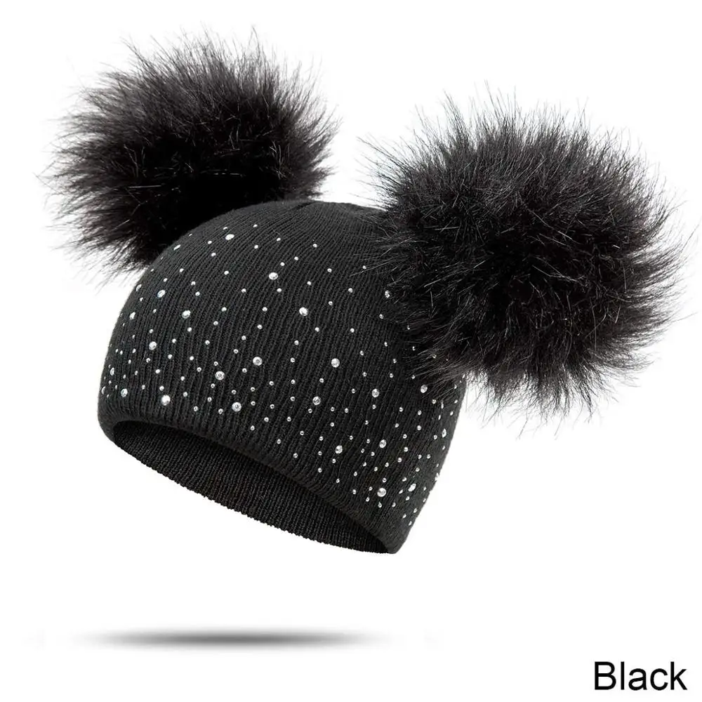MOLIXINYU, детская шапка, Теплая Зимняя шерстяная шапка для малышей, вязаная шапочка мех, помпон, шапка для маленьких мальчиков и девочек, От 1 до 3 лет, Прямая поставка - Цвет: black1