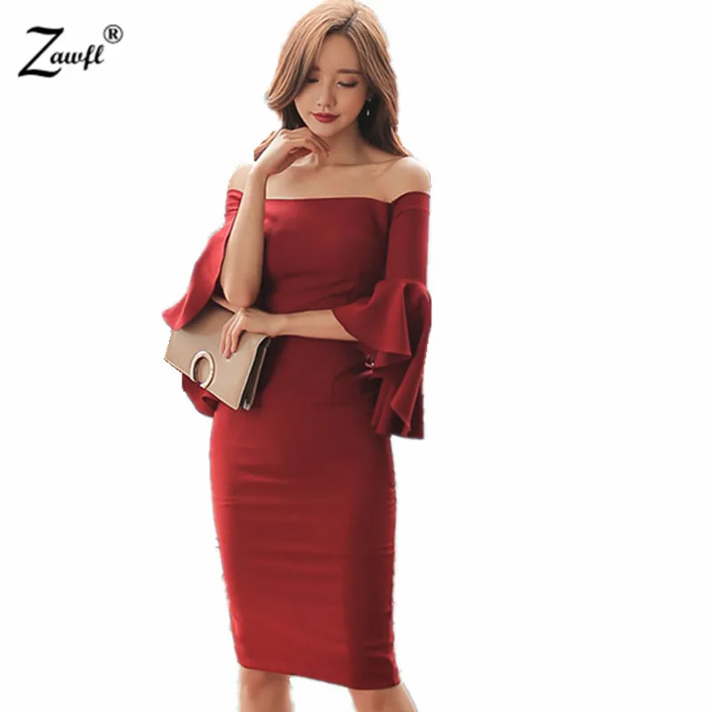 picture color ZAWFL летнее платье женское черное сексуальное с открытыми плечами вечернее платье элегантное облегающее платье с расклешенными рукавами - Цвет: picture color