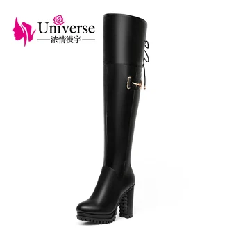 

Universe Platform Winter Leather Boots Thigh High Warm Plush Zip Handmade Black Super High Heels Boots Luxury Women's Shoes E327