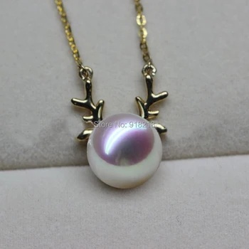

GVBORI 18K Yellow Gold Cute Antlers Necklace akoya pearl 8-8.5mm pearls Necklace Pendant For Women Fine Jewelry Gold Round Gift