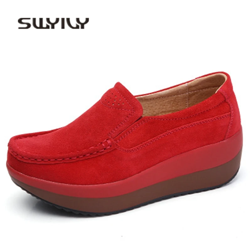 SWYIVY Women Toning Shoes Wedged Thick-sole 2018 Summer Large size 42 Genuine Leather Swing Shoes Muffin Female Slimming Shoes