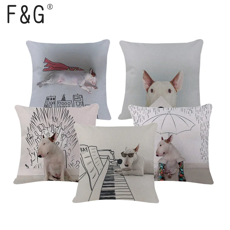 

Designs Toss Pillow Chic Animal Dog Cute Cushion Covers Car Seat 45*45Cm Cotton Linen Home Decorating Bull Terrier Pillows Cases