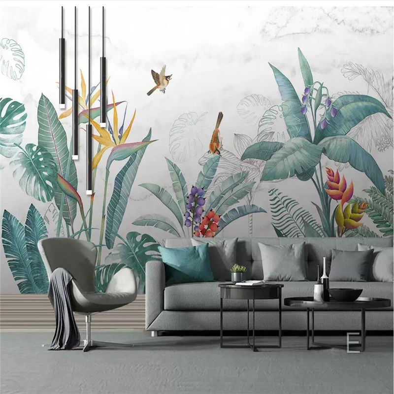 beibehang Custom photo wallpaper mural Nordic hand-painted small fresh tropical plants flowers and birds background murals