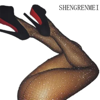 

SHENGRENMEI Shiny Crystal Rhinestone Mesh Pantyhose Plus Size Sexy Fishnet Tights Women Back Line Sexy Stockings Party Medias