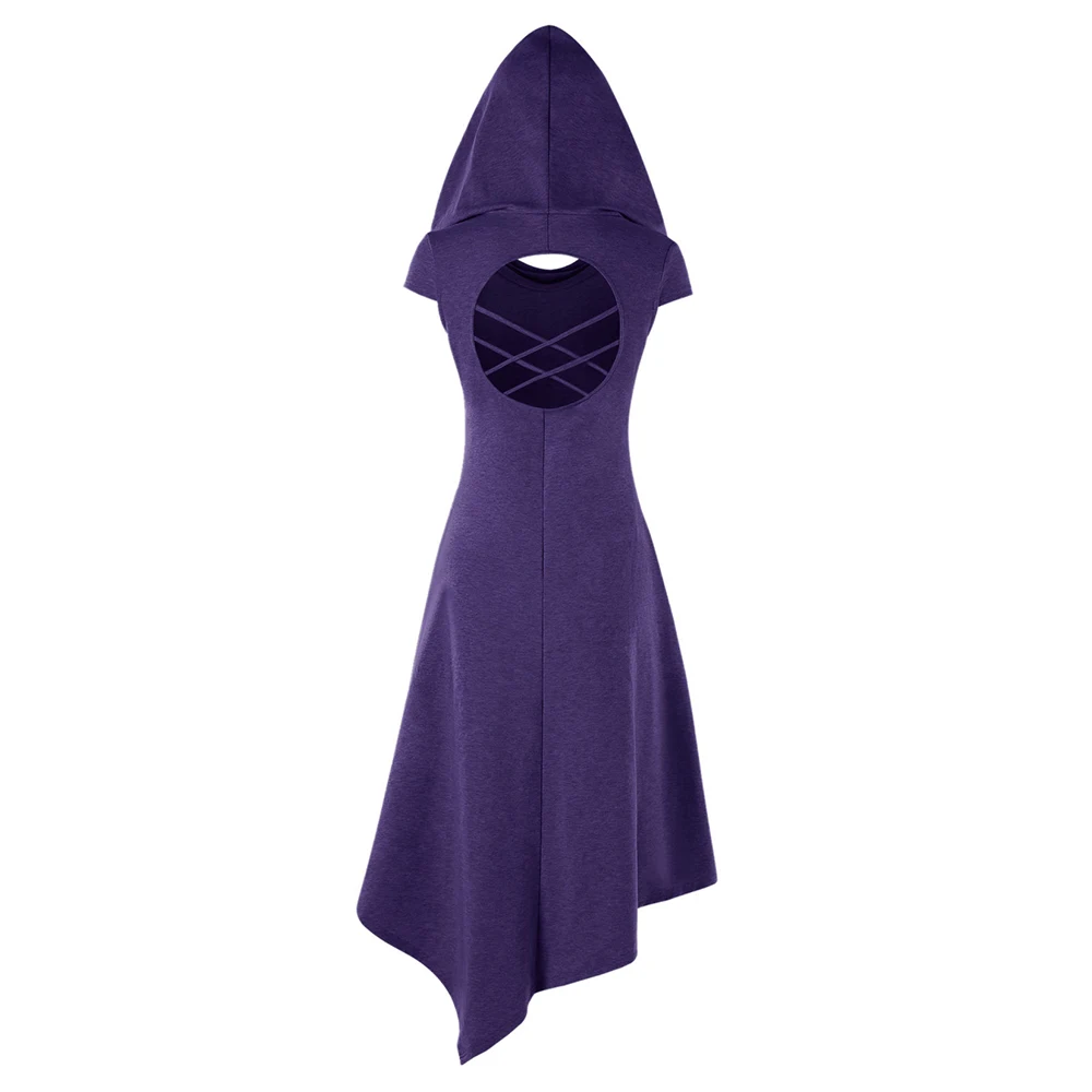 VESTLINDA Asymmetrical Hooded Cut Out Midi Dress Women Dress Summer Hooded Short Sleeves Solid Colors Dresses Vestido De Festa 15