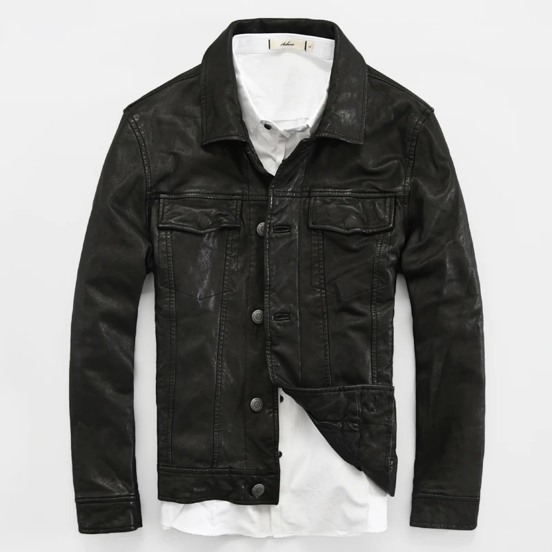 

Motorcycle Leather Jacket Mens Slim Fit Lapel Fashion Autumn and Winter Youth Men's Sheep Leather Coat