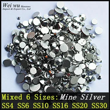 

Mixed 6 Sizes SS4 SS6 SS10 SS16 SS20 SS30 Glass Stones Flatback Mine Silver Non Hotfix Nail Art Rhinestones