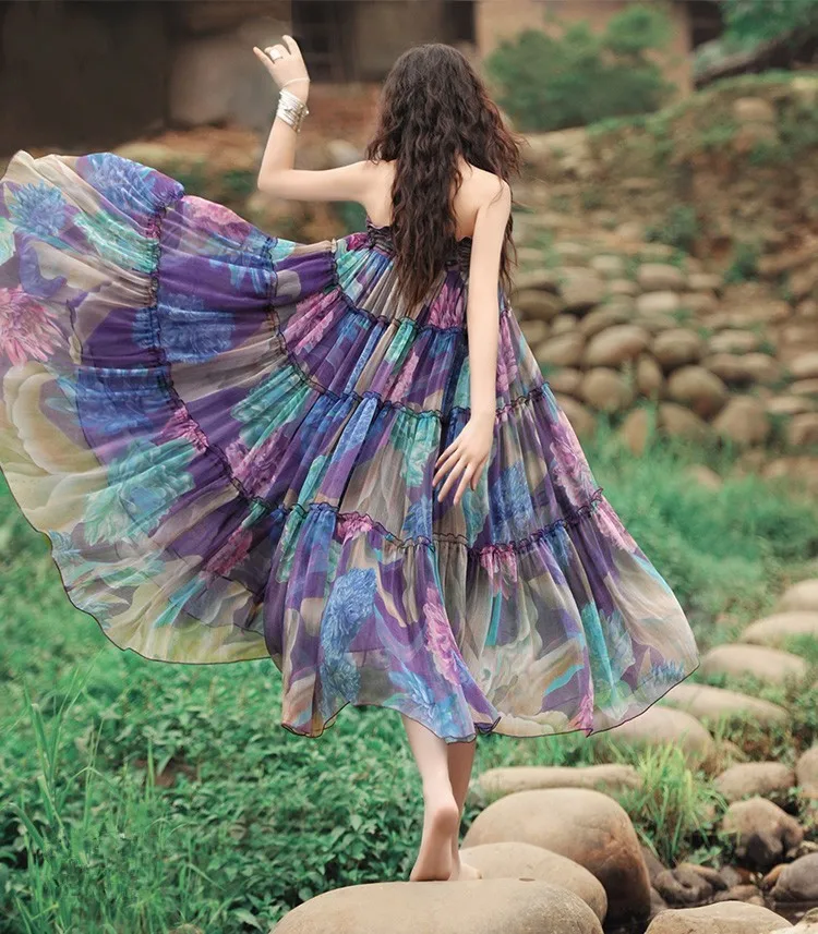 Элегантная шифоновая юбка макси с цветочным принтом Летняя женская плиссированная длинная юбка в стиле бохо с высокой талией Saias Longas