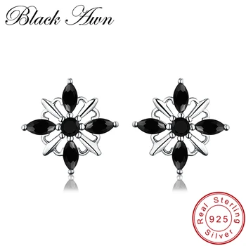 

[BLACK AWN] 100% Pure 925 Sterling Silver Jewelry Star Black Stone Women Engagement Stud Earrings Girl Gift Party T174