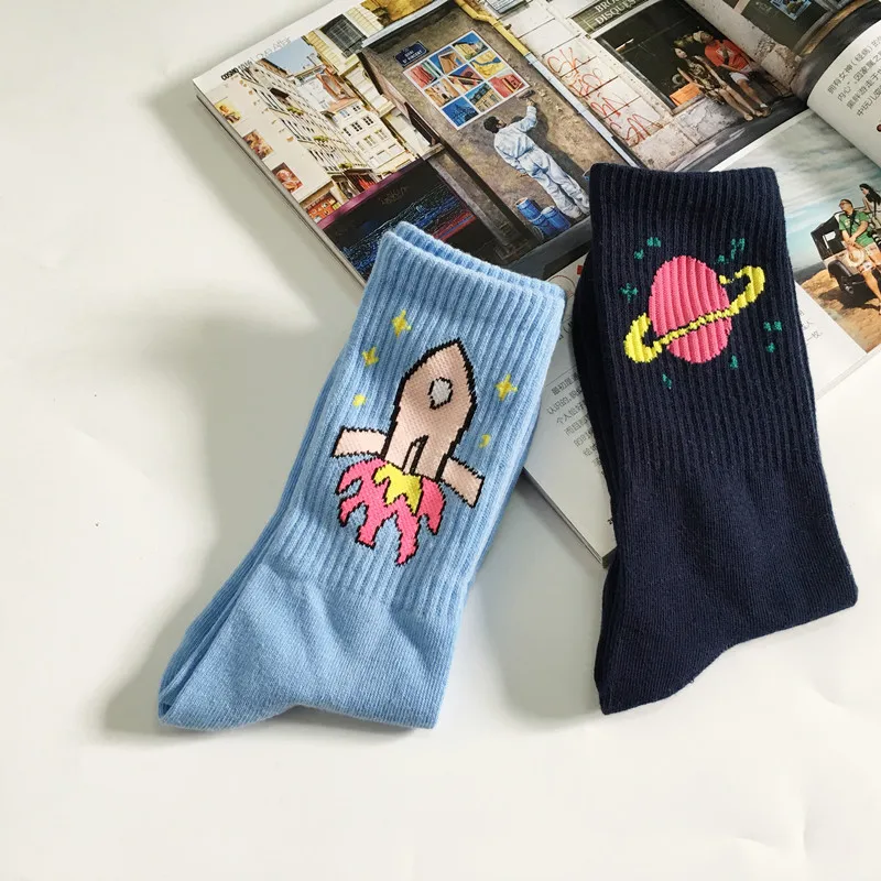 

Korean Novelty Women's socks Men's socks Creative Rocket Saturn Cartoon Socks Retro Pure Cotton Sock