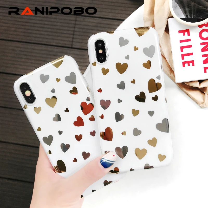 

Luxury Plating Love Heart Pattern Phone Cases For iPhone 6 6S 7 8 Plus X Soft IMD Cute Protector Phone Back Cover Case Fundas