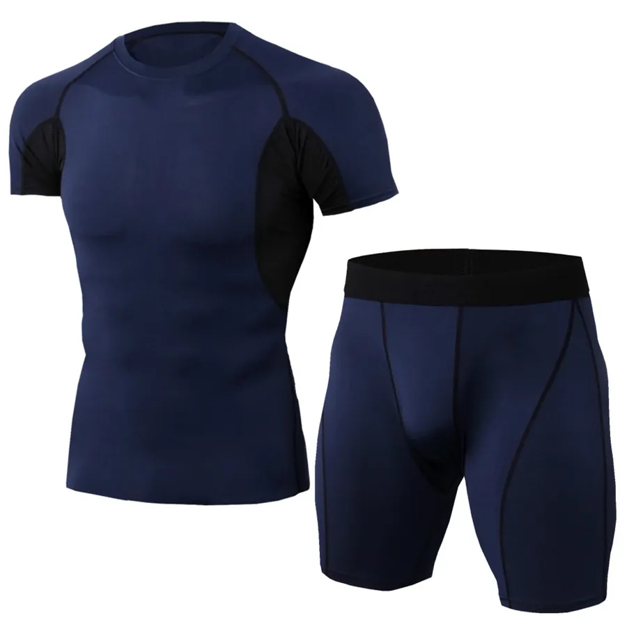 Новые Компрессионные Мужские спортивные костюмы быстросохнущие бегущие наборы мужчин футболка с коротким рукавом+ шорты Joggging спортивный костюм спортивная одежда - Цвет: TK65
