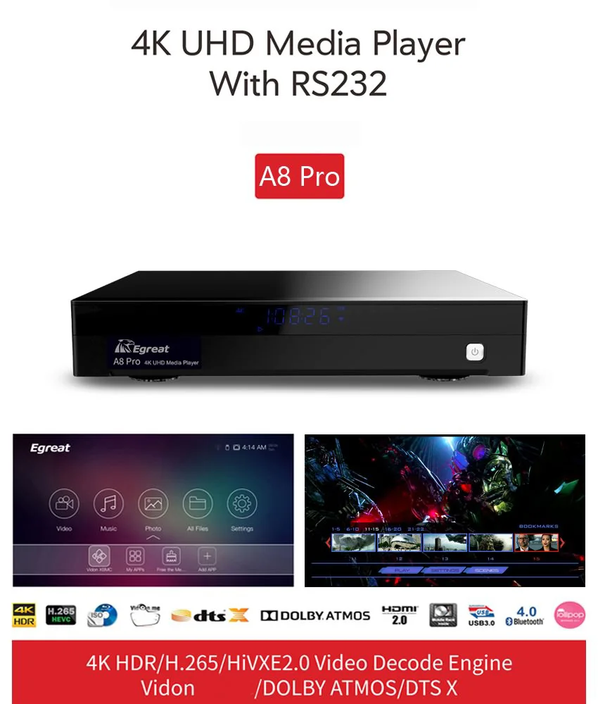 Egreat A8 Pro 4K UHD HDD медиаплеер Поддержка Blu-Ray привод 3D Movie Play DTS& Dolby NSS 3,5 ''HDD SATA лоток Android 7,0 tv Box