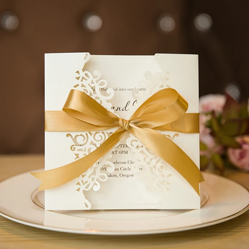  10 Packs White Ribbons Bow Wedding Invitaitons Cards Print Customize Fold Invitation Card Laser Cut - 32869354155