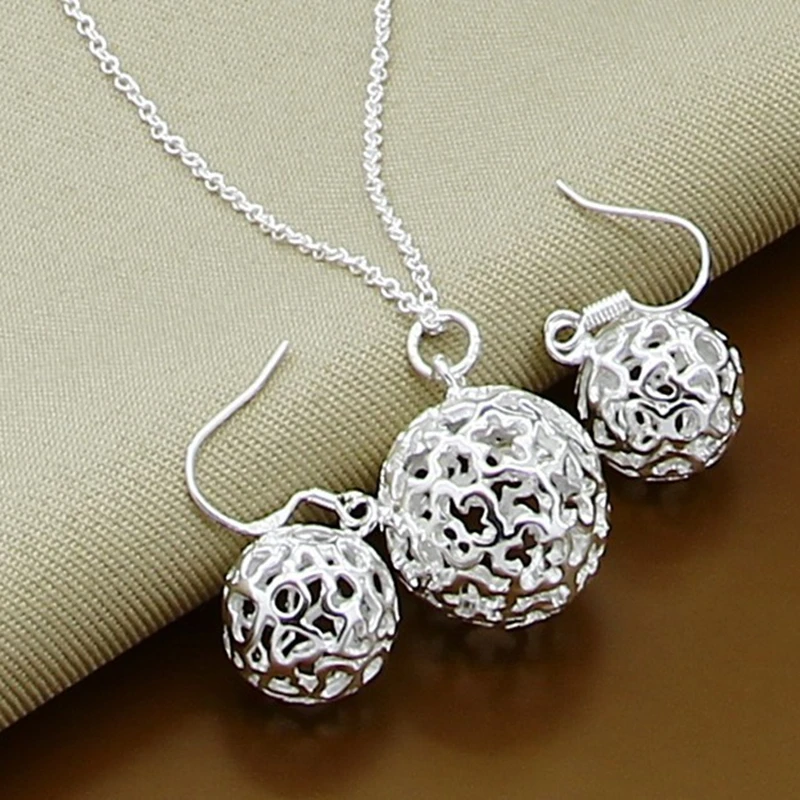 Trendy jewelry, Silver jewelry, silver plated necklace + earrings jewelry set, hollow ball set