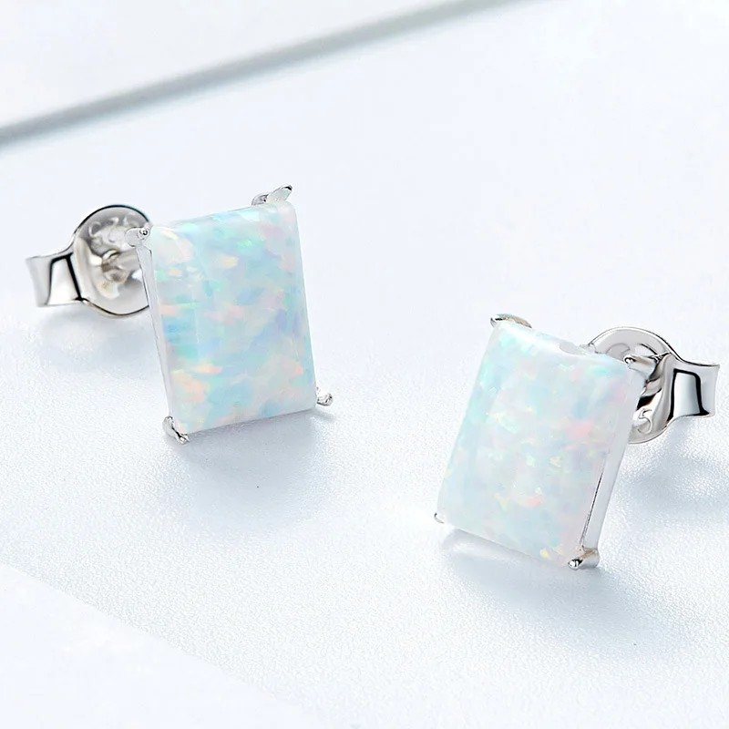 

925 Sterling Silver Rectangle Stud Earrings for Women Blue/White Opal Fashion Delicate Fashion Fine Jewelry as Gifts Date/Party