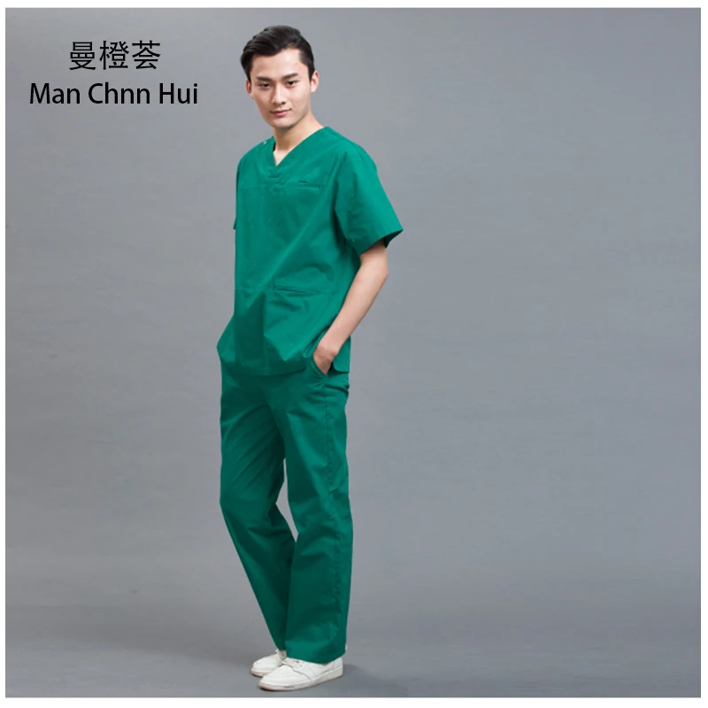 Больницы женщин и мужчин медицинской униформы кормящих скрабы костюм короткий рукав пальто Doctor Костюмы кисть руки одежда - Цвет: Зеленый