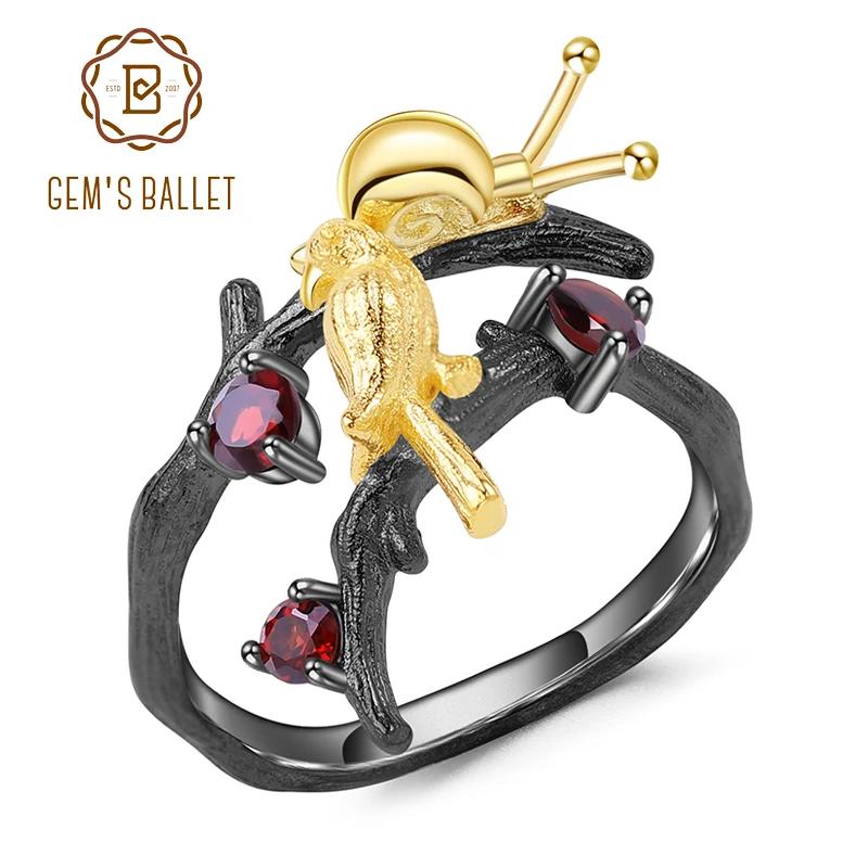 

GEM'S BALLET 925 Sterling Silver Handmade Adjustable Open Ring 0.43Ct Natural Garnet Snails & Bird on the Branch Rings for Women