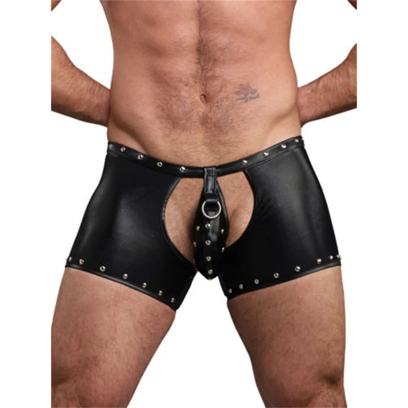 

sexy rivet lingerie Hot Mens Latex PVC Bondage open crotch leggings Shorts Gothic Fetish Gay Faux Leather Lace Up Pants clubwear