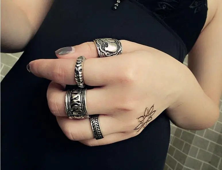 

NEW Style Fashion jewelry Silver plated rings for women and men Four piece suit 3D stereo elephant pattern unisex rings vintage