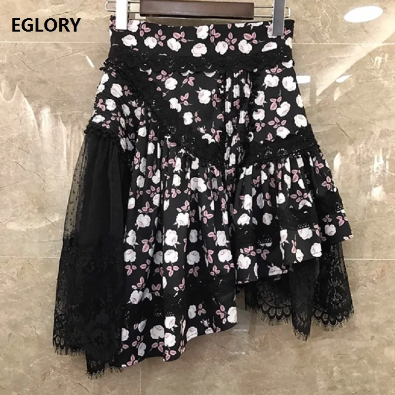 

High Quality New 2019 Summer Sexy Party Skirt Women Tulle Lace Patchwork Vintage Print Mini Skirt Ladies Casual Club Skirt Girls